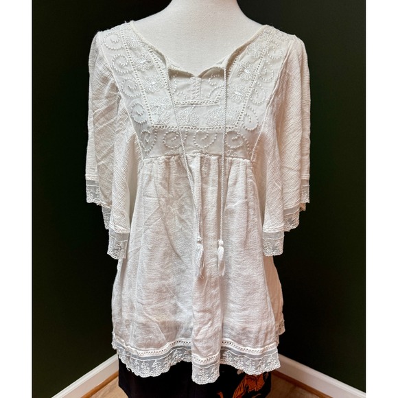 HANNAH 100% Cotton White Peasant Boho Tunic Women's Size M - Picture 1 of 10